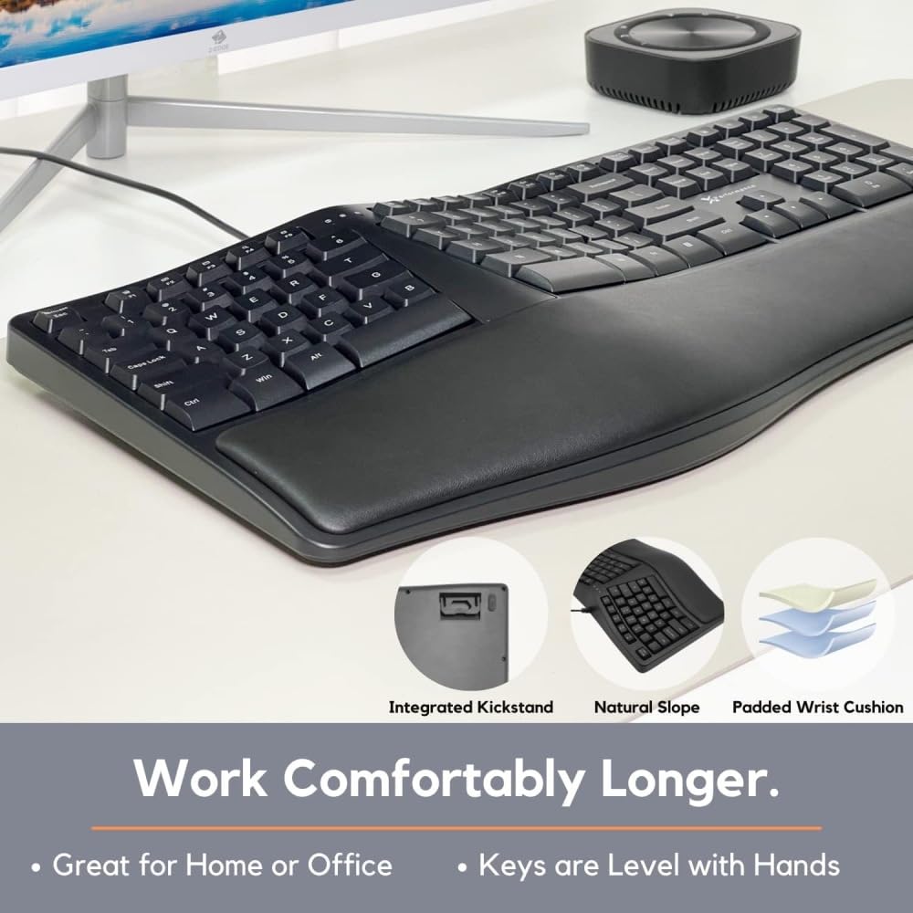 Przewodowa ergonomiczna klawiatura, dzielona klawiatura z amortyzowaną podpórką pod nadgarstek, przewodowa klawiatura USB do laptopa, komputera, komputera
