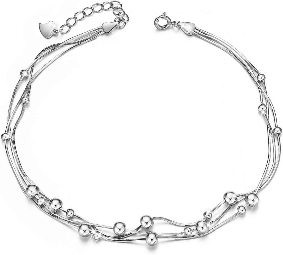 SHEGRACE Beaded Anklets 925 Sterling Silver Anklet with Triple Layered Chain and Beads Platinum for Woman