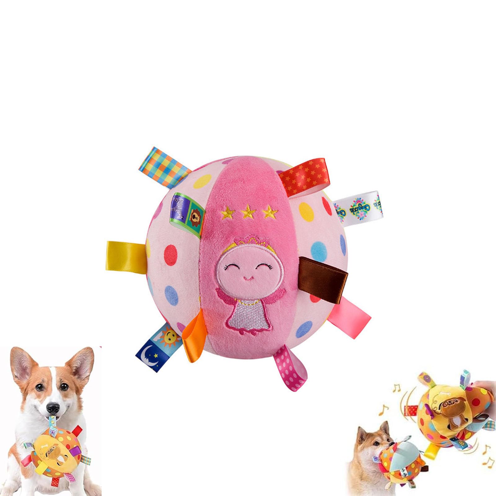 Colorful Squeaky Hanging Dog Training Toy, 6-Inch Soft Stuffed Ball with Cotton Material and Built-in Bell, Squeaky Plush Toy With Straps,Elastic Stretchy Hanging Strap for Play (Pink Angel)