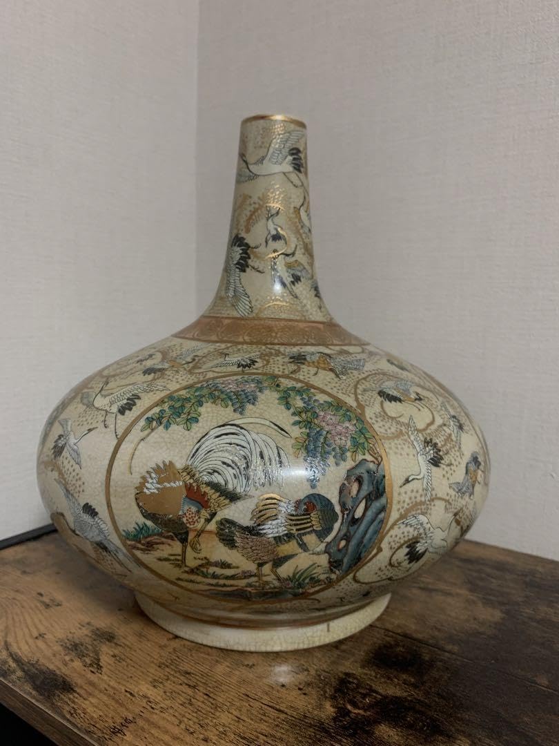 薩摩焼 白薩摩金欄手染錦群鶴花鳥図花瓶 飾壷 骨董 【公式通販】