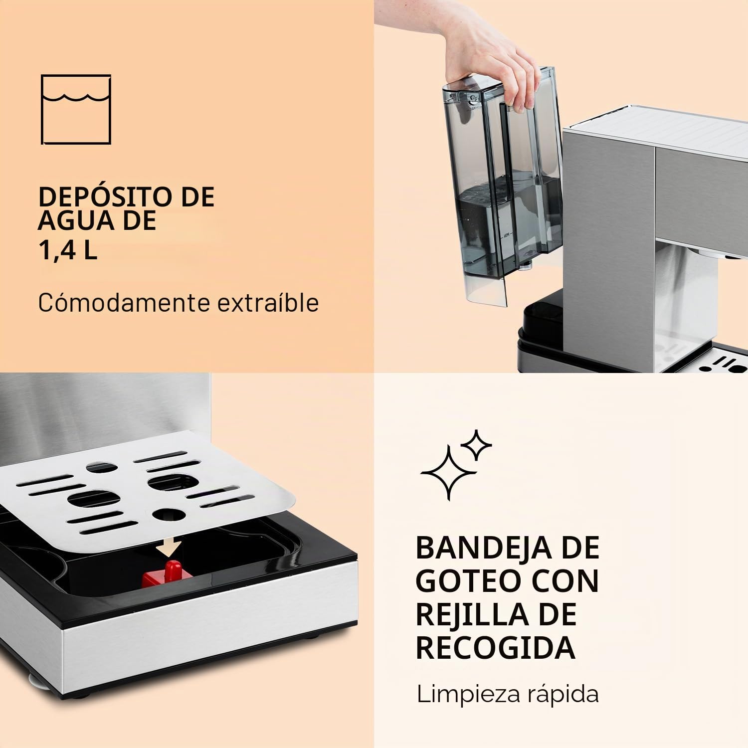 KLARSTEIN Pausa cafetera espresso, 1350 W, máquina de café, 20 bares de presión, depósito de agua: 1,4 litros, acero inoxidable, plateado