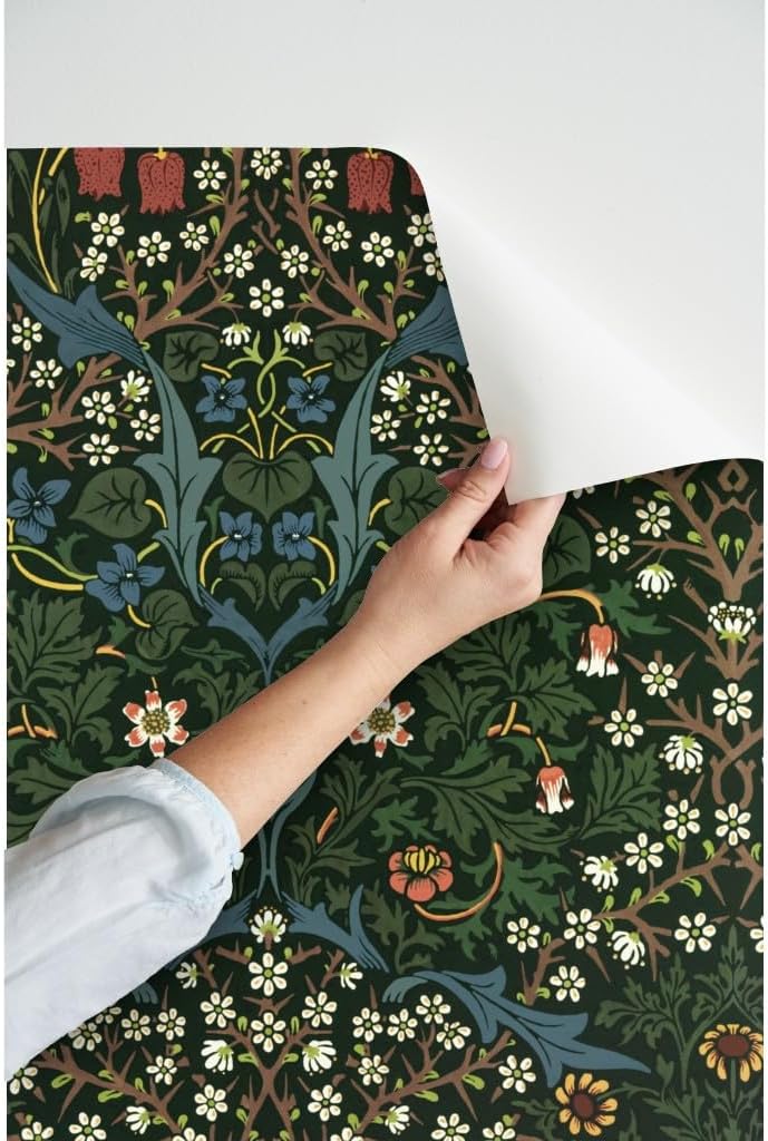 Spoonflower Peel & Stick Wallpaper 3ft x 2ft - William Morris Vintage Antique Victorian Tulips Damask Evergreen Forest Green Maximalist Folk Art Custom Removable Wallpaper