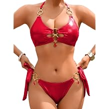 Kaei&Shi Metallic Bikini with Charms, O-Ring Keyhole Scrunch Sexy Swimsuits Women, Shiny Bikinis for Rave Pool Party