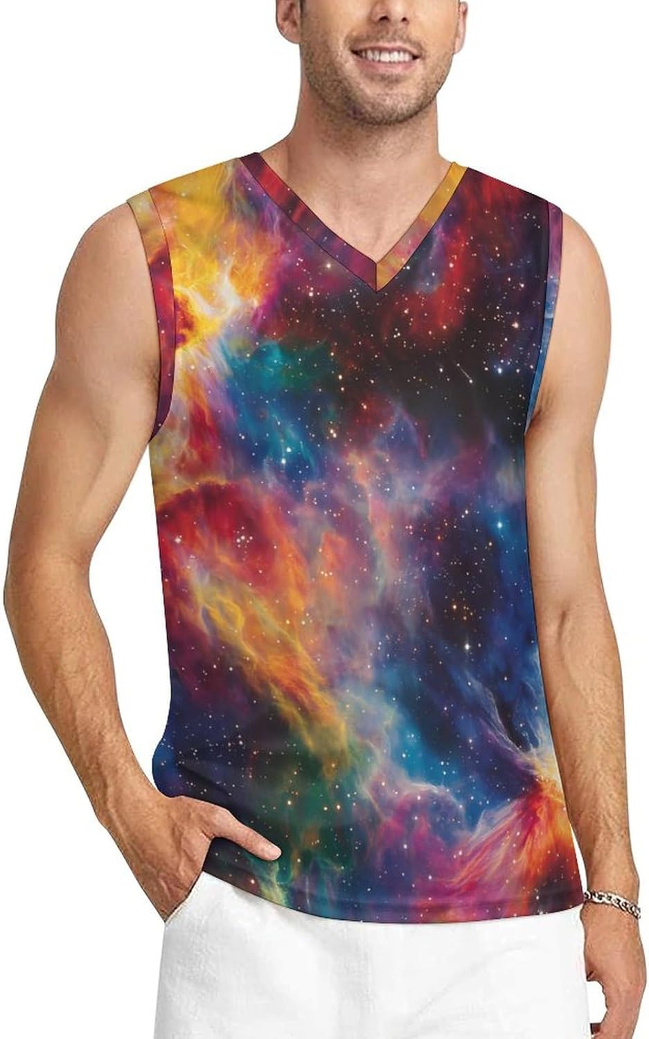 Colorful Galaxy Men's V-Neck Basketball Tank Top Sleeveless Workout Tank Shirts Gym Fitness Tees Vest