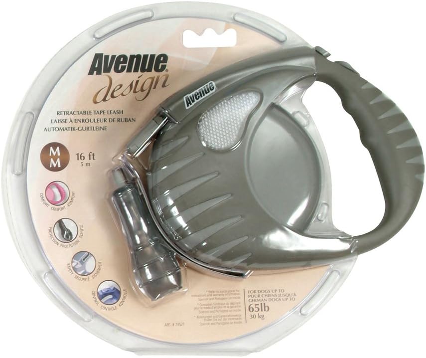 Avenue Design Retractable Tape Leash for Dogs, Gray, Medium, 16 Feet