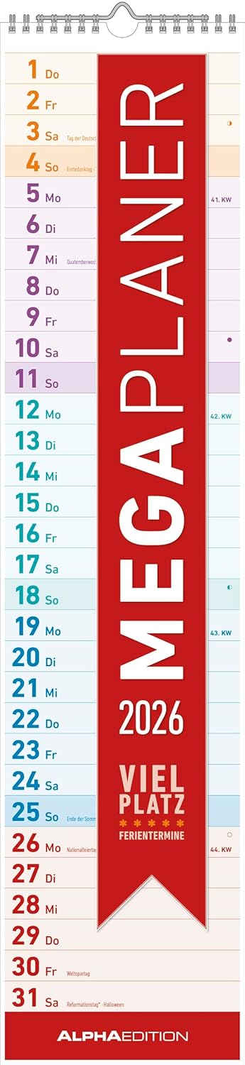 Megaplaner 2026 - Stripe Calendar 15 x 64 cm - with Holiday Dates - Plenty of Space for Notes - Wall Planner - Kitchen Calendar - Alpha Edition      Calendar – Wall Calendar, May 1, 2025