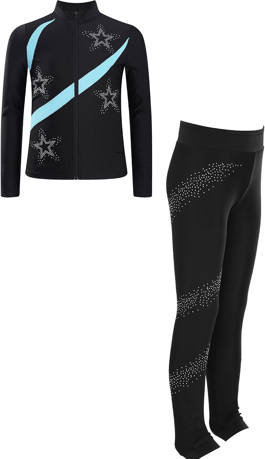Linjinx Kids Girls Figure Ice Skating Outfit Long Sleeve Tops with Athletic Leggings Practice Yoga Training Tights Set