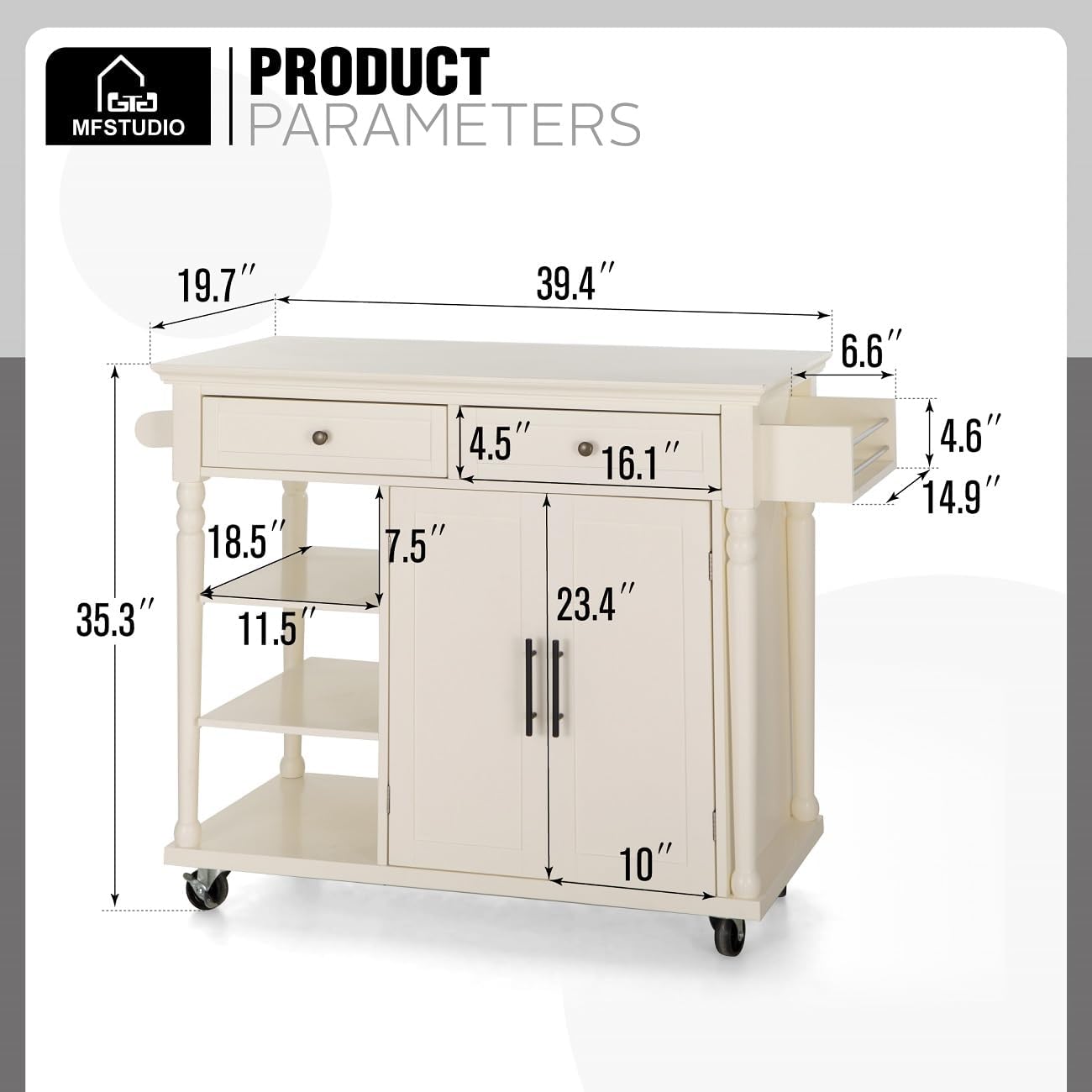 MFSTUDIO Rolling Kitchen Island Cart on Wheels, Mobile Kitchen Cart Trolley Cart with Open Shelves, Drawers, Towel and Spice Rack, Portable Storage Island Cart for Dining Room, Ivory
