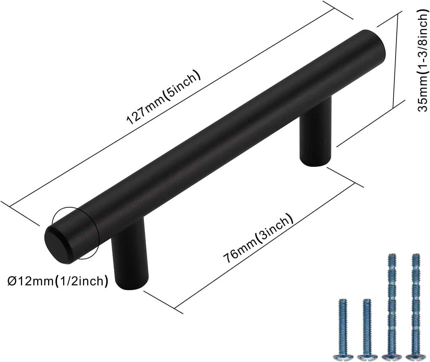 FURNIWARE 25 Pack 5'' Euro Bar Cabinet Handles, Kitchen Drawer Door Handles Pulls,Stainless Steel,Matt Black-5”Length, 3” Hole Center