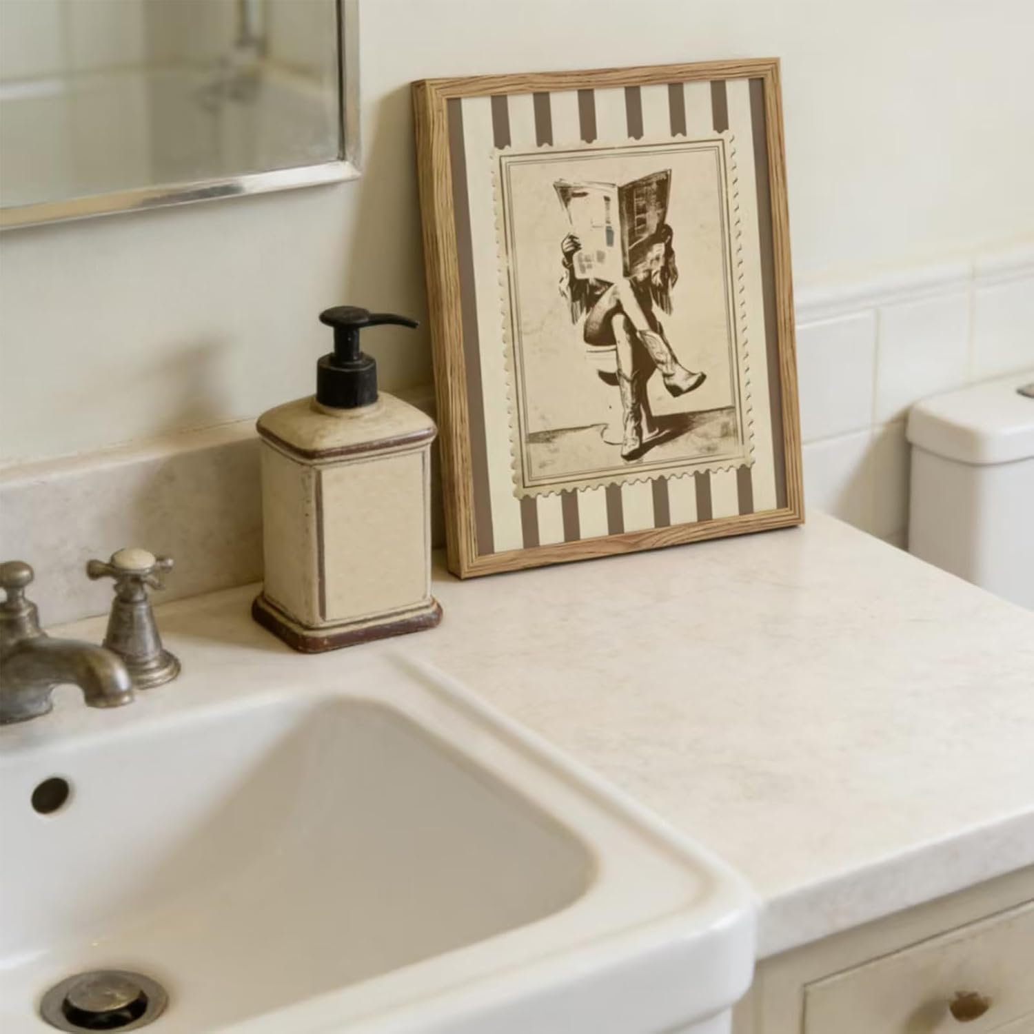 Framed Vintage Cowgirl Funny Bathroom Canvas Wall Art, Retro Stamp Style Western Rustic Wall Decor, Beige Brown Cowboy Boots Picture for Bathroom Laundry Room Bedroom Farmhouse Home Decoration