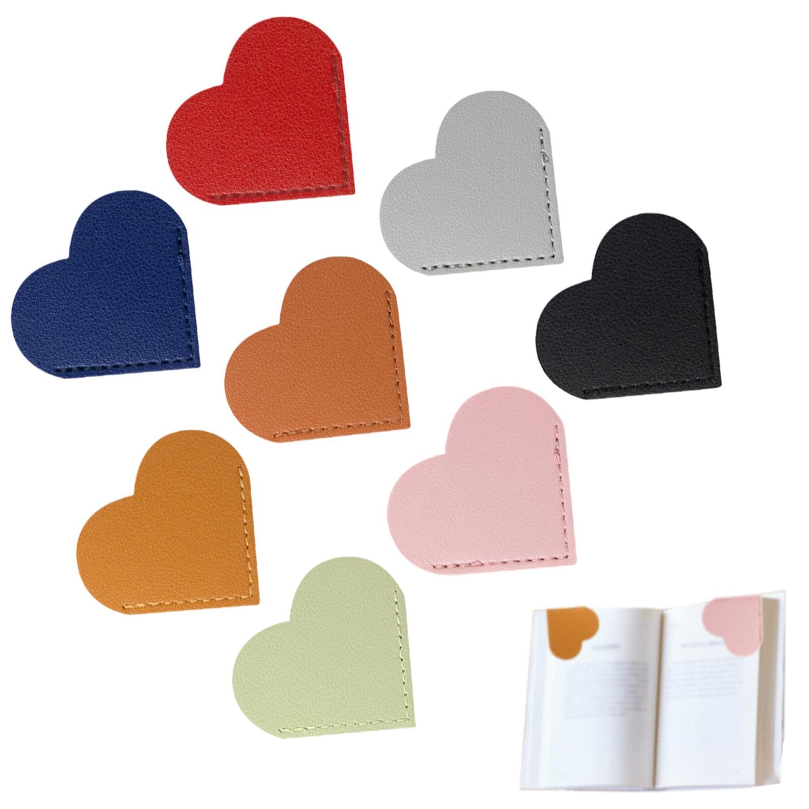 8pcs PU Leather Heart Bookmarks, Multi Colors, Handmade, Book Accessories, Cute Corner Page Bookmark Gift for Student, Friends, Book Lover Reading