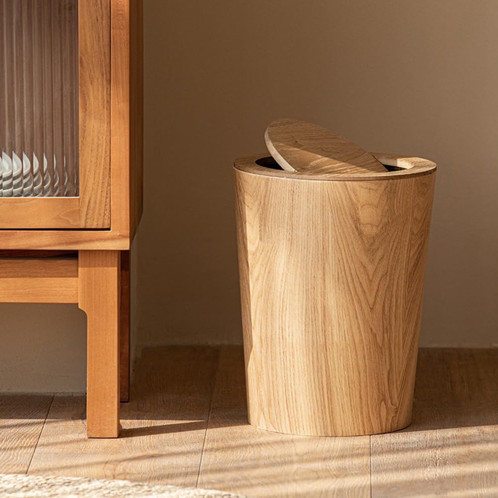 Cestino per Rifiuti in Legno Massello da 10 Litri con Coperchio Basculante - Cestino per Rifiuti Rotondo Ecologico per Ufficio e Casa