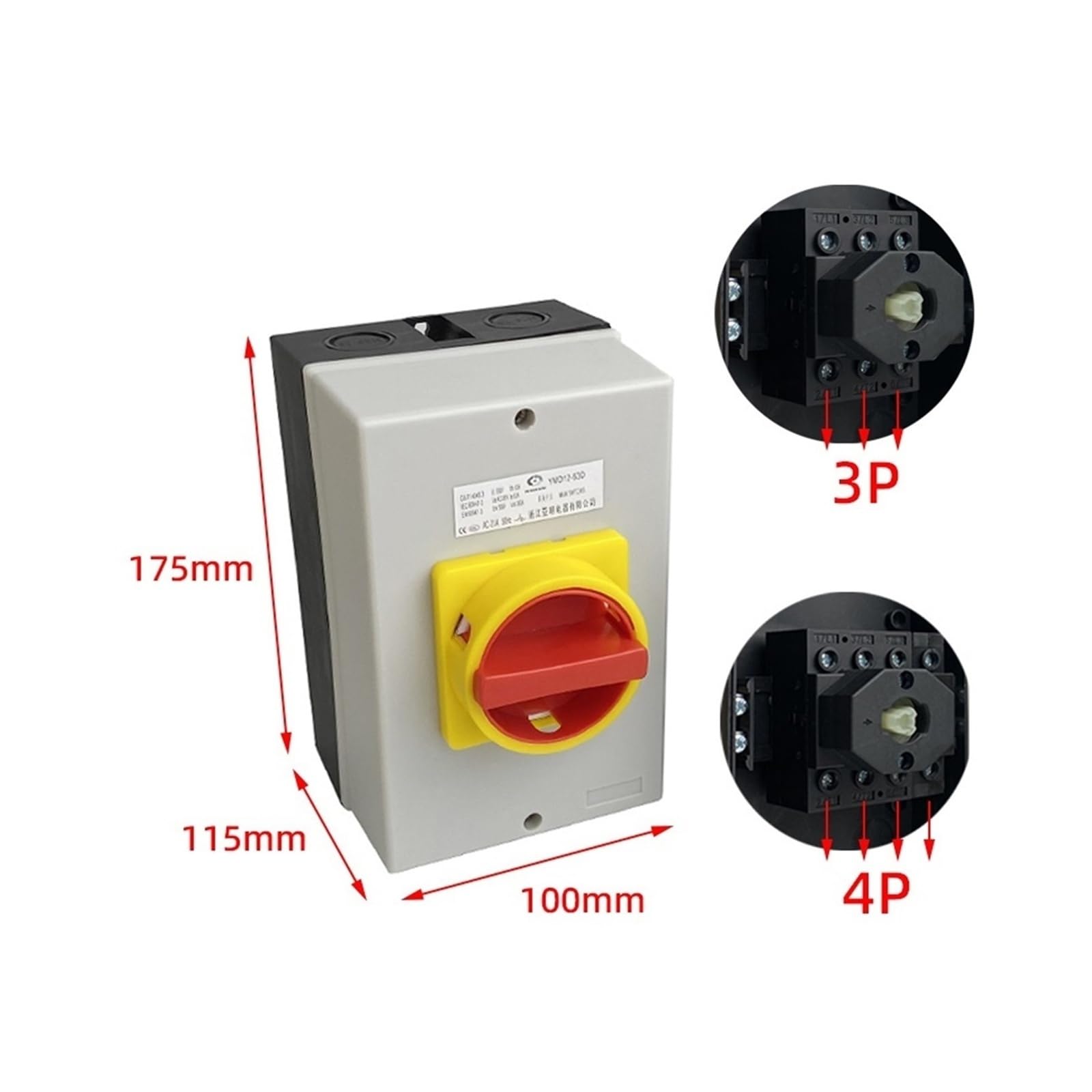 Interruptor seccionador eléctrico rotativo de 25 A a 63 A, 3P/4P, interruptores DIN, Contacto de Plata, Caja selectora de Leva de Encendido y Apagado.(175x115x100 Box,4 POLES-63A)