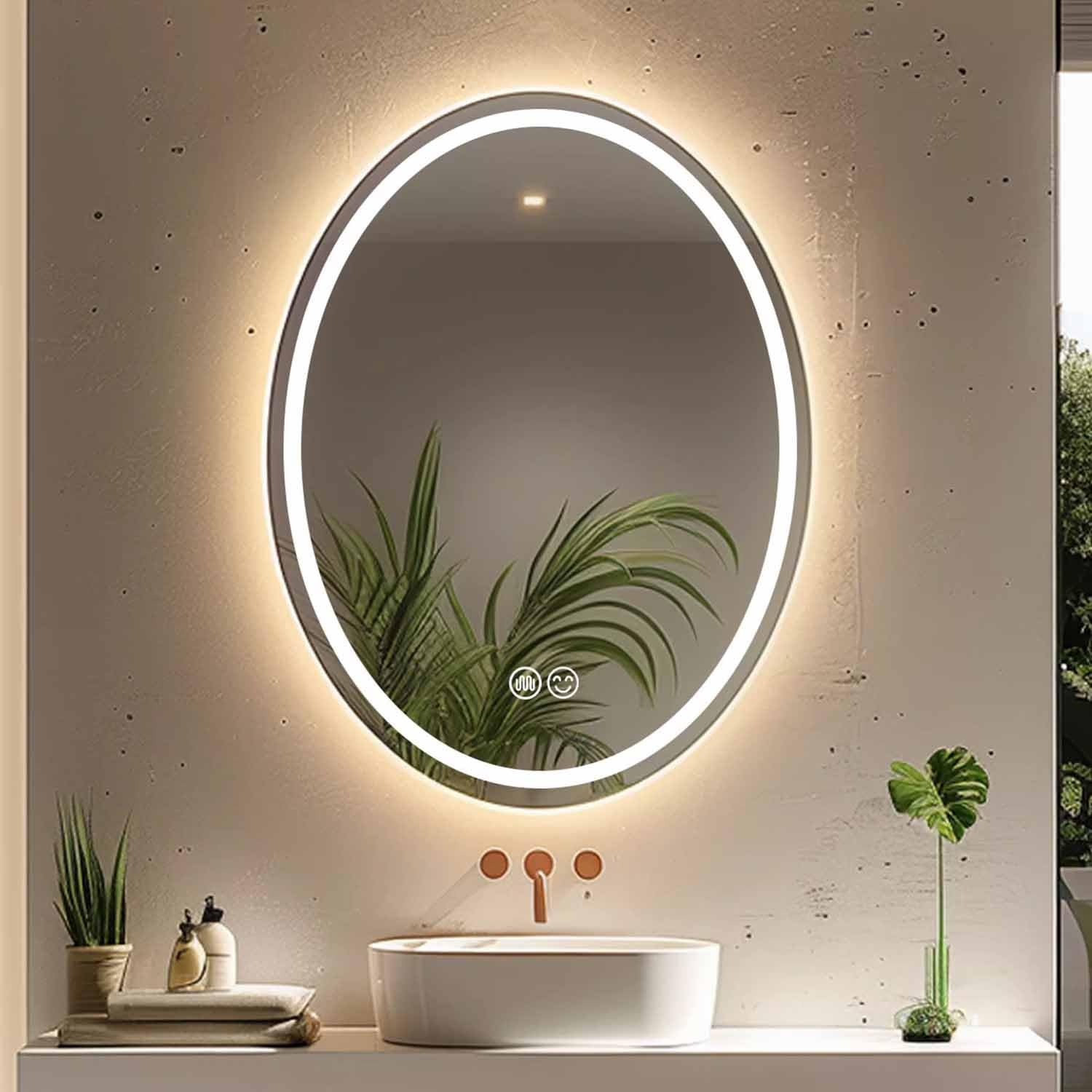 FGXHHS Bathroom Lighted Makeup Mirror 36"x28" Oval LED Vanity for Wall, Fogless, 3-Color Dimmable Lights, Front Lights+Backlit, Touch Switch(24x32inch/60x80cm)