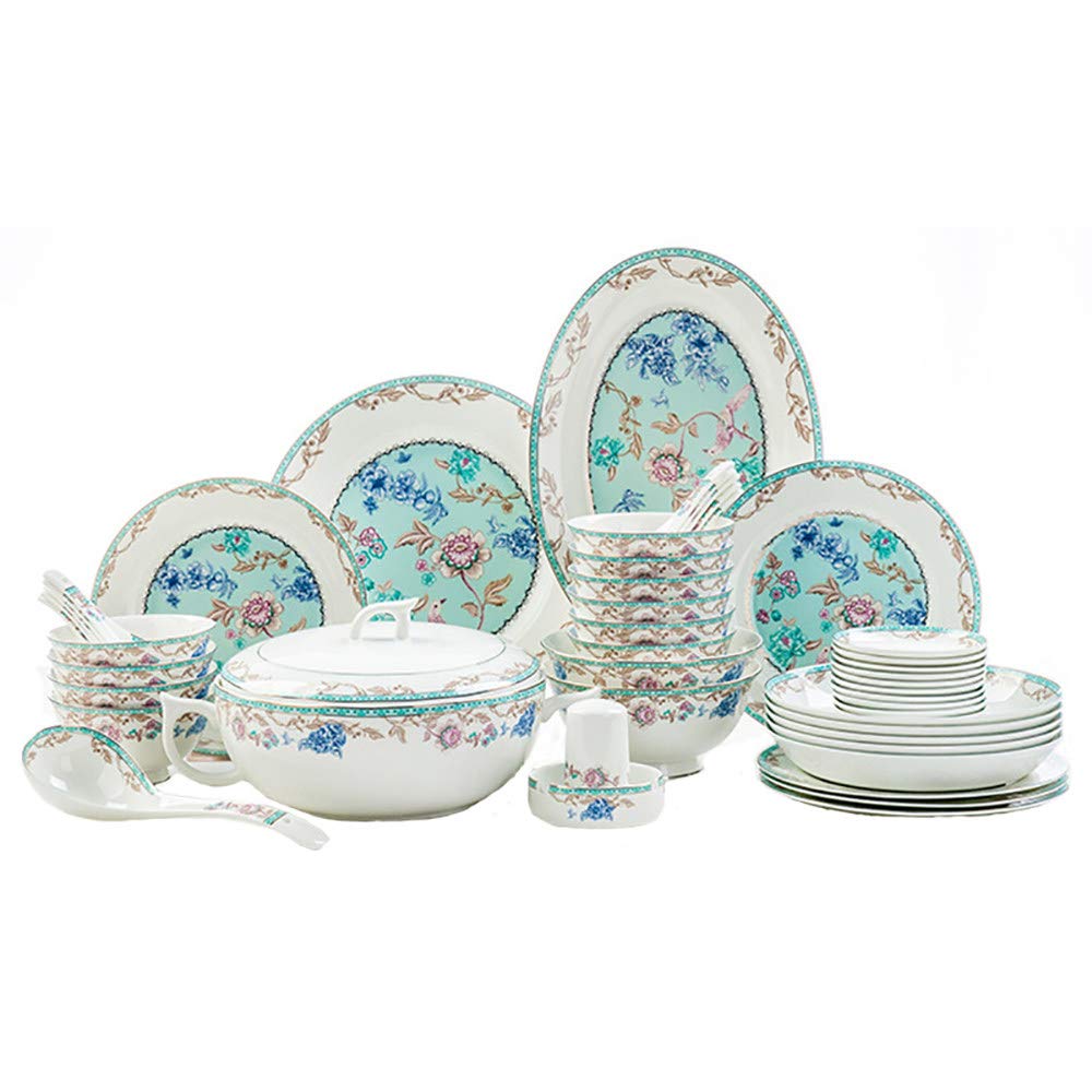 Besteck-Sets, Geschirrset Kombiservice Tellerset aus Porzellan 50 teilig,Blue-A