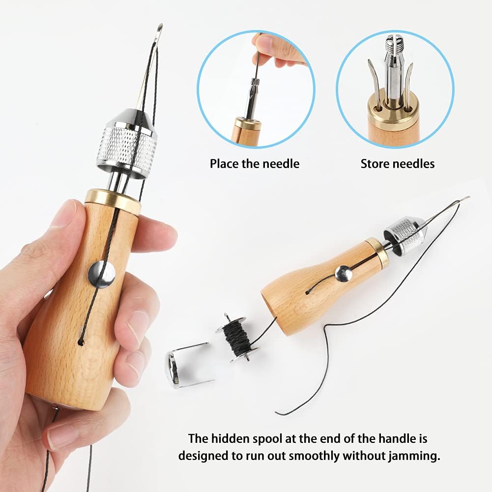 WIOR Sewing Awl Kit, 12Pcs Leather Stitching Awl Crafting Tools and Supplies Hand Stitcher Set with Needles (2 Straight and 2 Bent) Waxed Threads, Repair Stitch Tool Awls for DIY Leather Craft