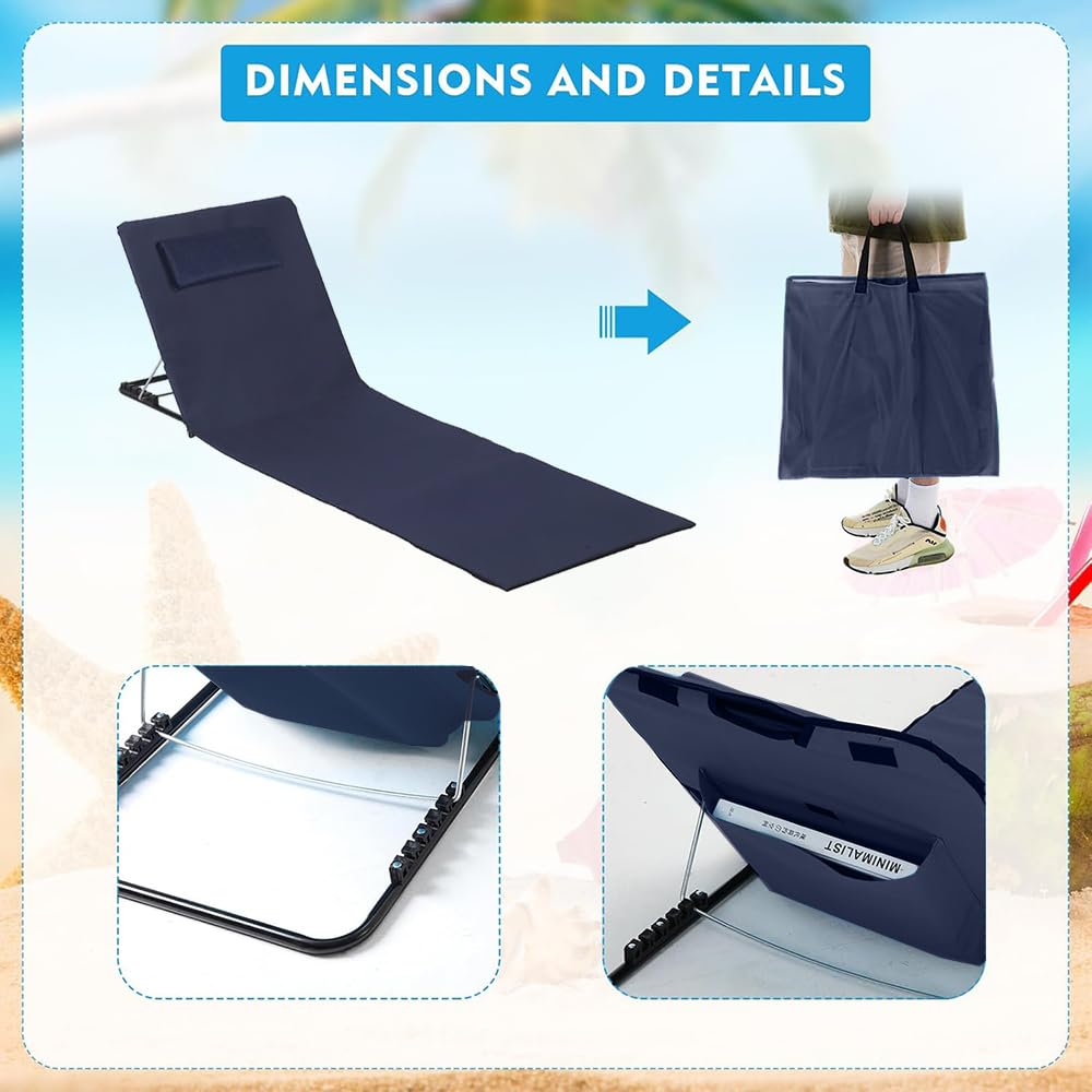 Strandmatte Mit Rückenlehne Verstellbar,Tragbare Liege Strand Mit Tragetasche,Liege Mit Rückenlehne Faltbare,Strandliege Klappbar,Sonnenmatte,Sitzliege,Sonnenliege