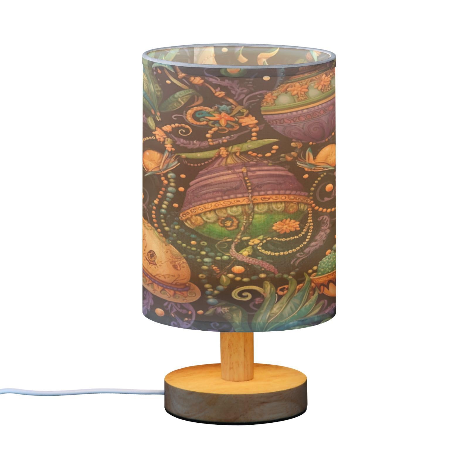 SDMKA Mardi Gras Print Bedside Table Lamp for Bedroom, Minimalist Nightstand Lamp with Round Fabric Shade for Living Room, Office, No Bulb Required
