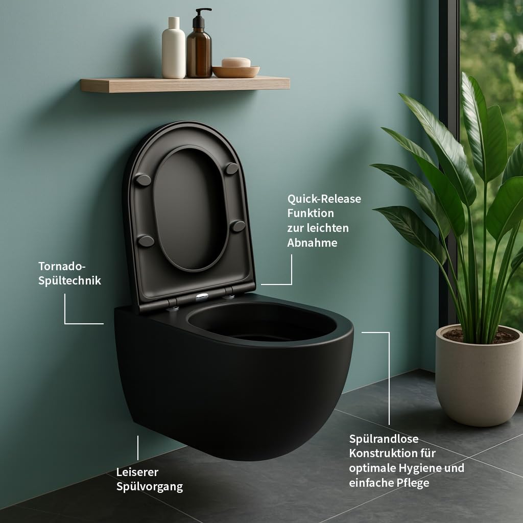 Soho Whirlflush Hänge-WC in Schwarz Matt | Toilette für Gäste-WC | Tornado-Spültechnik & Nano-Beschichtung für Top-Hygiene | Spülrandlos, Geräuscharm | Mit SoftClose-Sitz aus Duroplast