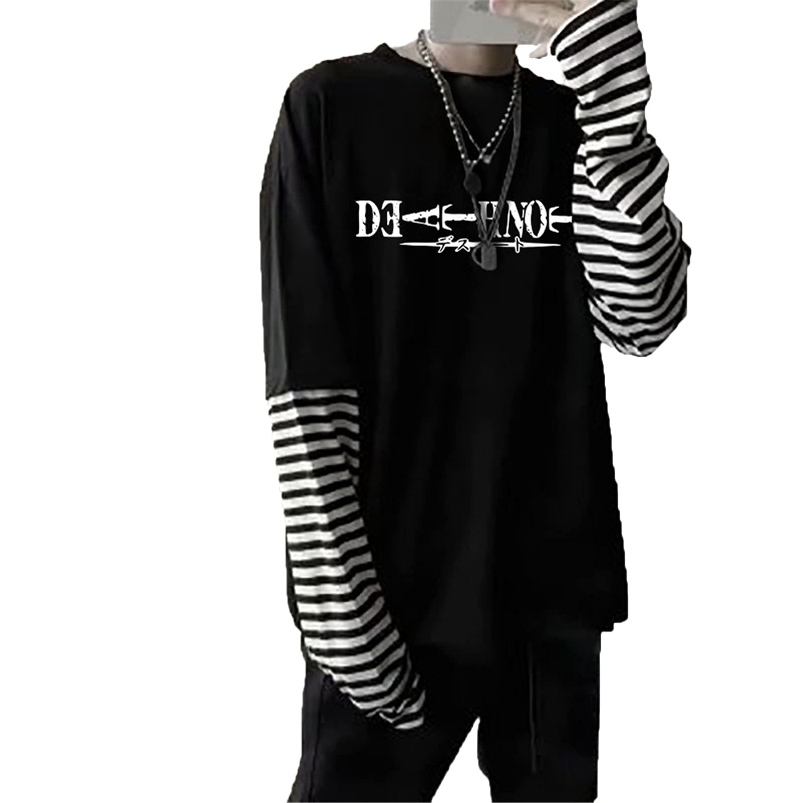 Oneforus Women's # 2 Anime Death Note Printed Long Sleeve T-Shirt Streetwear Hip Hop Unisex Oversize Fake Two Stripe Sleeve T-Shirts