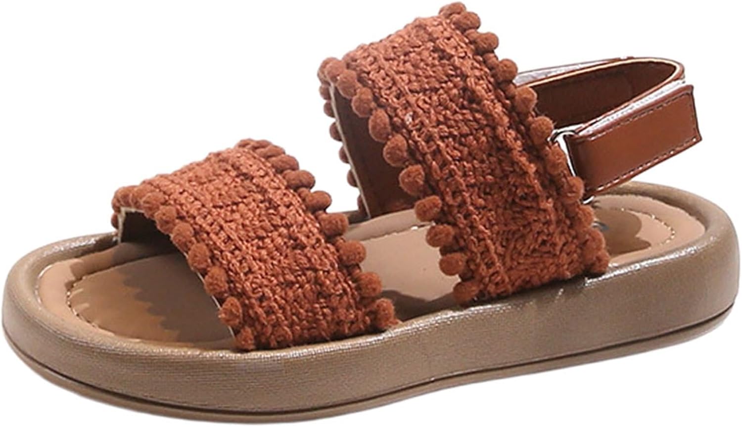 Girls Knit Strap Shoes Kids Open Toe Wide Sandals Adjustable Strap Flat Soft Shoes Summer Dress Casual Sandals Cute Wedding Flower Girl Slippers Non Slip Beach Slippers (Brown, 11-11.5 Years)