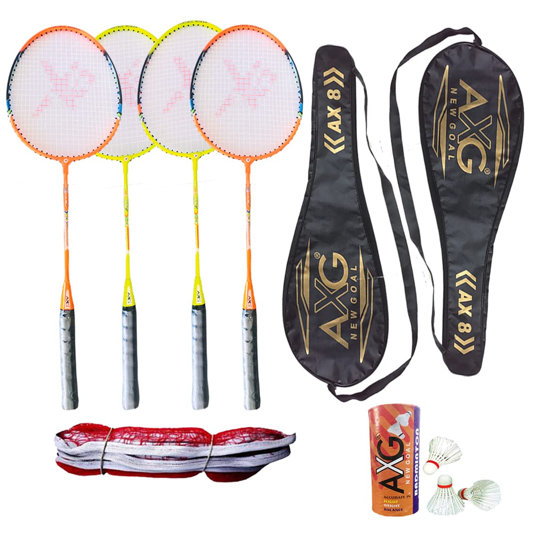 AXG NEW GOAL Robust Aluminium Badminton Set (4 Racquets, 3 Shuttles, Net and 2 Covers) Badminton Kit (Multi)