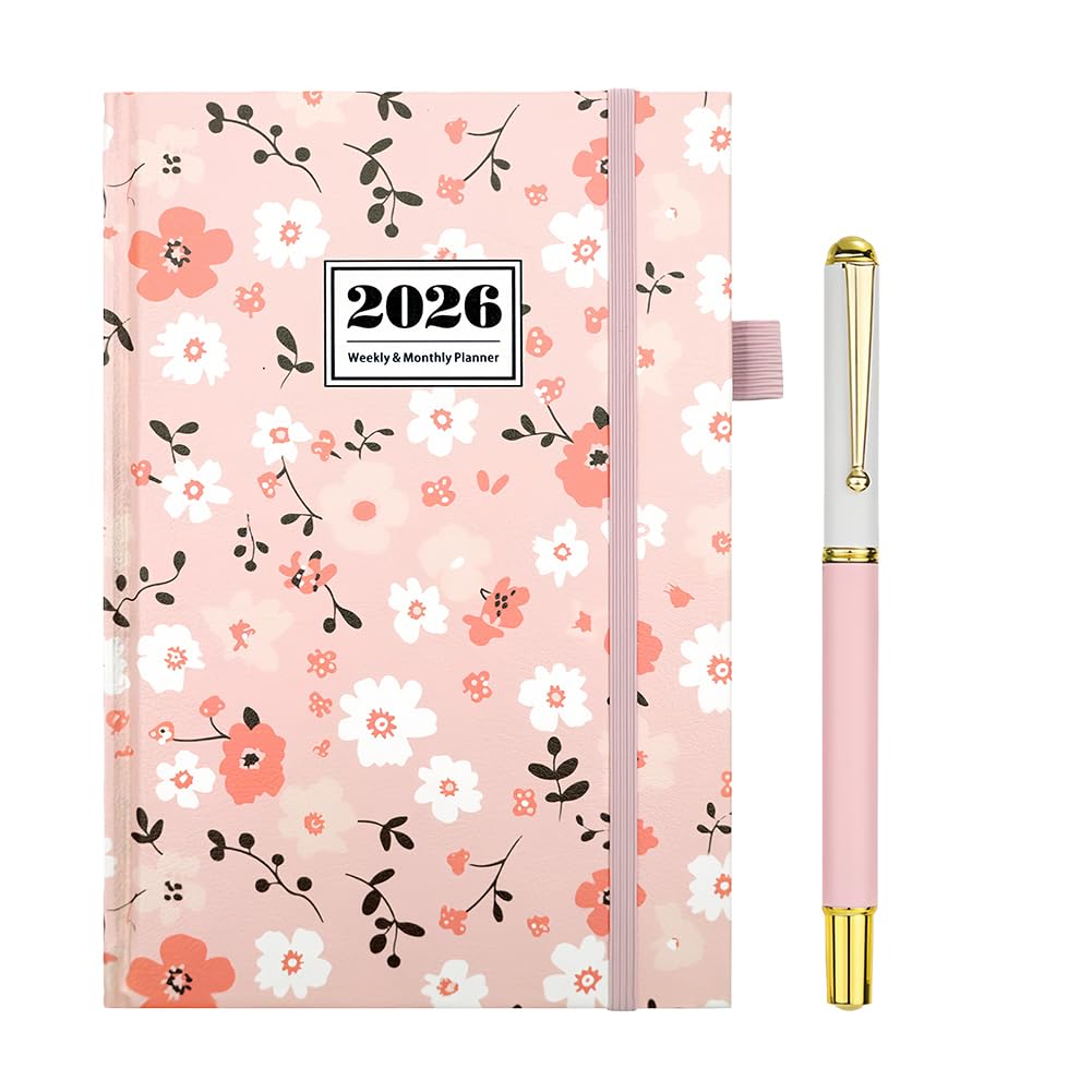2026 Calendar Notebook,Flower Notebook, Thick Leather Journal For Women, A5 Day Per Page From January 2026 - December With Pen,Note Taking School Office (pink2)