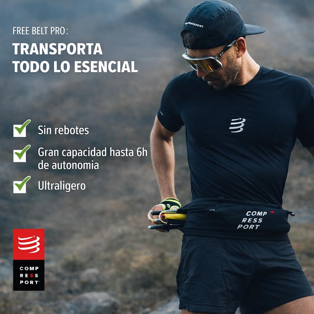 Compressport Free Belt Pro Cinturón para Correr Ultra Ligero Transpirable Sin Rebote Negro
