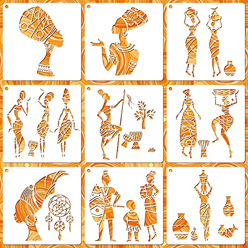 9 Pieces African Tribal Stencils African Stencils for Painting on Wood Reusable Tribal Wall Painting Stencil Template for African Tribal DIY Art Notebook Wood Signs Greeting Card Canvas (8 x 8 Inch)