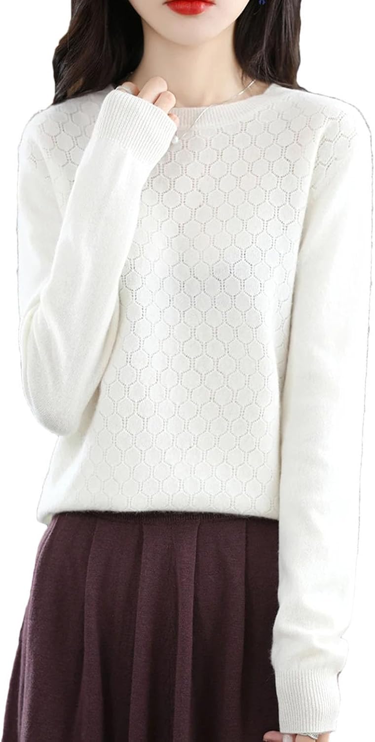 Women's 100% Wool Knit Sweater Crewneck Long Sleeve Hollow Out Pullover Jumper Comfortable Thermal Tops