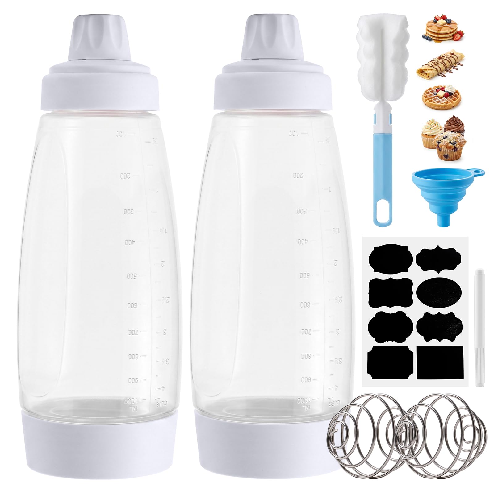Pancake Batter Mixer Bottle, Happybase 2 Pack 1000ML 33oz Hand Batter Dispenser with Stainless Steel Stirring Ball for Cupcake Crepe Batter