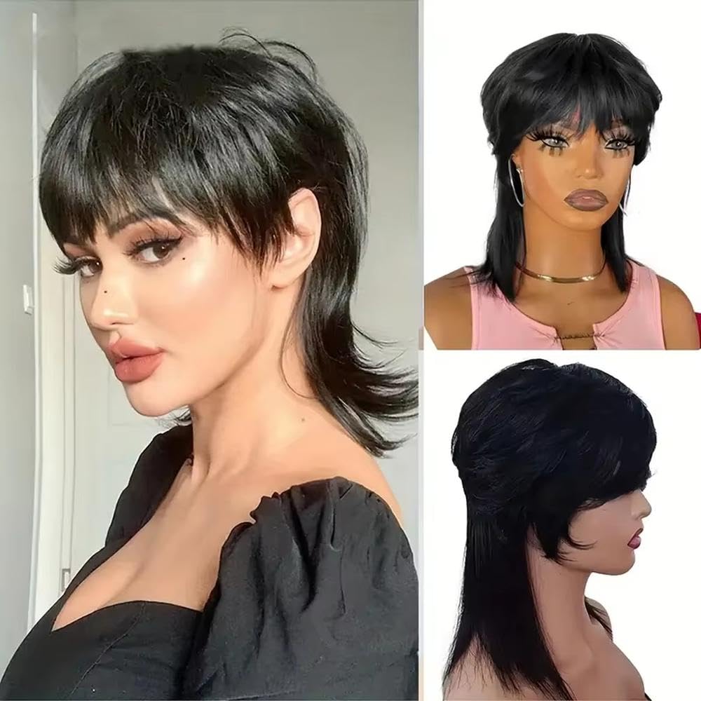 Haarpflege Damen Vokuhila Perücke Schwarz Mit Pony Glattes Haar Geeignet Für Den Täglichen Gebrauch