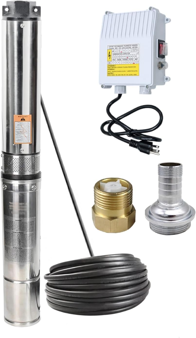 Deep Well Submersible Pump, Stainless Steel Submersible Well Pump with Control Box, 1 HP, 110V, 35 GPM,276FT Max Head, 100FT Power Cord, w/Check Valve & Outlet,ON/OFF Switch
