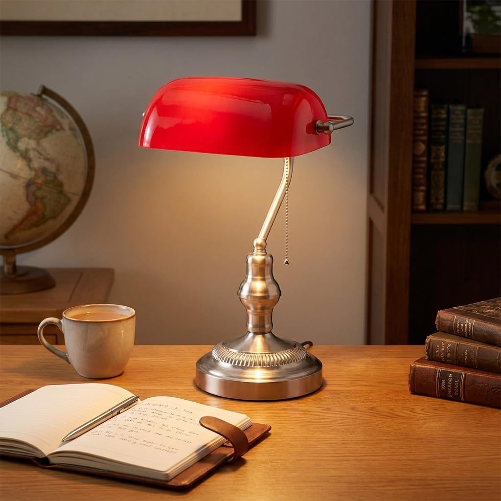 BARCELONA LED Bankerlampe Vintage Rot, Schreibtischlampe mit Glasschirm & Metallfuß in Nickel Satiniert, Retro Bürolampe im Industrial & Nordischen Stil, Klassische Tischleuchte mit E27 Fassung