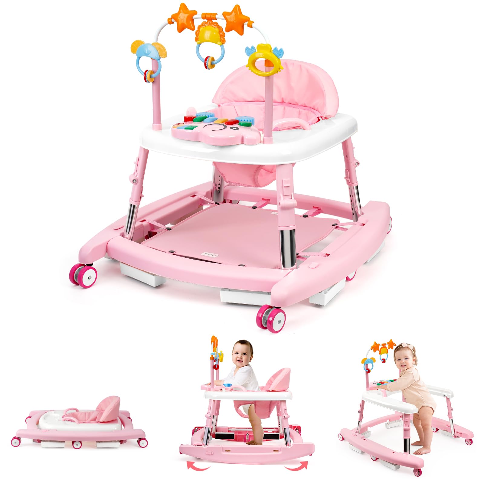 Andador para bebé Wolfcode 5 en 1 con música y luces, plegable, con 5 alturas ajustables, con ruedas y hamaca, andador portátil para bebés y niños pequeños de 6 a 18 meses