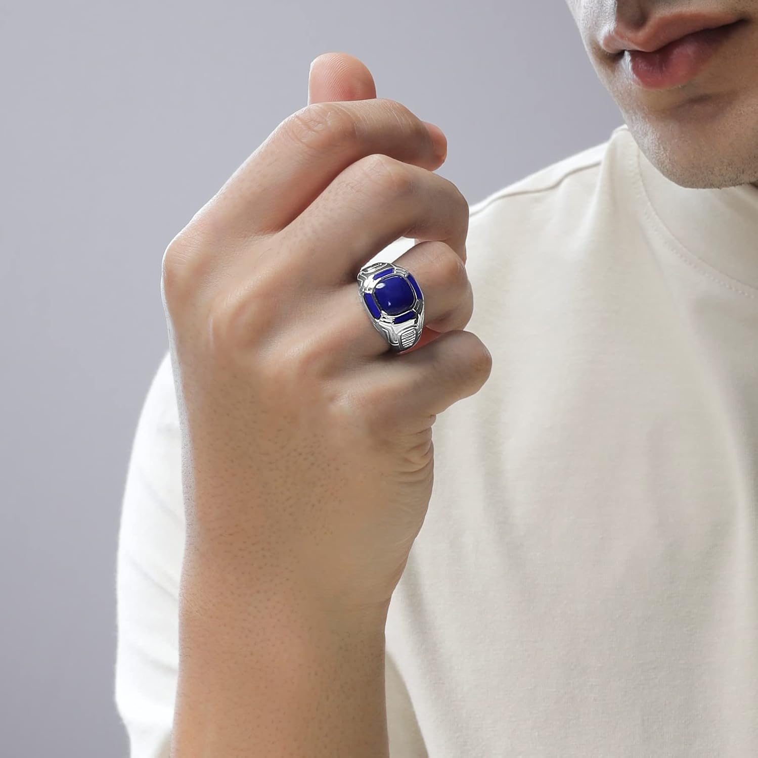 Jewelili Star Wars™ Fine Jewelry R2 Series Ring for Men | Silver Band | Lapis Gemstone | Star Wars Gifts for Men | Jewelry with Gift Box