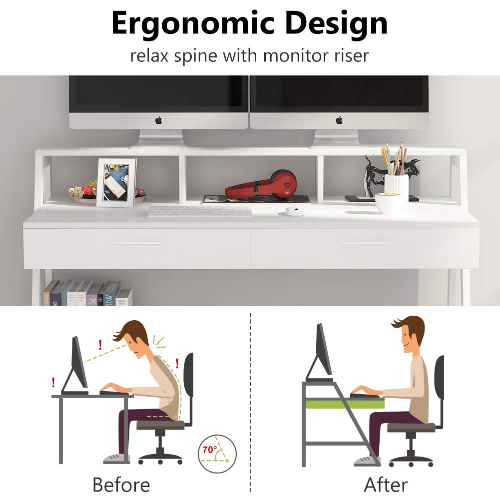 Tribesigns Schreibtisch mit Ablage und Schubladen, 120 cm moderner Schreibtisch, Arbeitstisch mit Monitorständer für den Einsatz im Homeoffice (weiß)