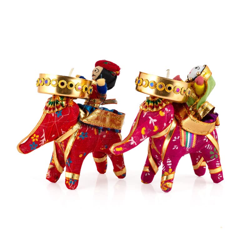 Image of JH Gallery Tealight Candle Holder - Handmade Recycled Material Elephant Rider Rajasthani Dolls for Diwali Home Decor, Multicolor- Home Decoration Items for Living Room, Ganesh Decoration, (1 Pair)