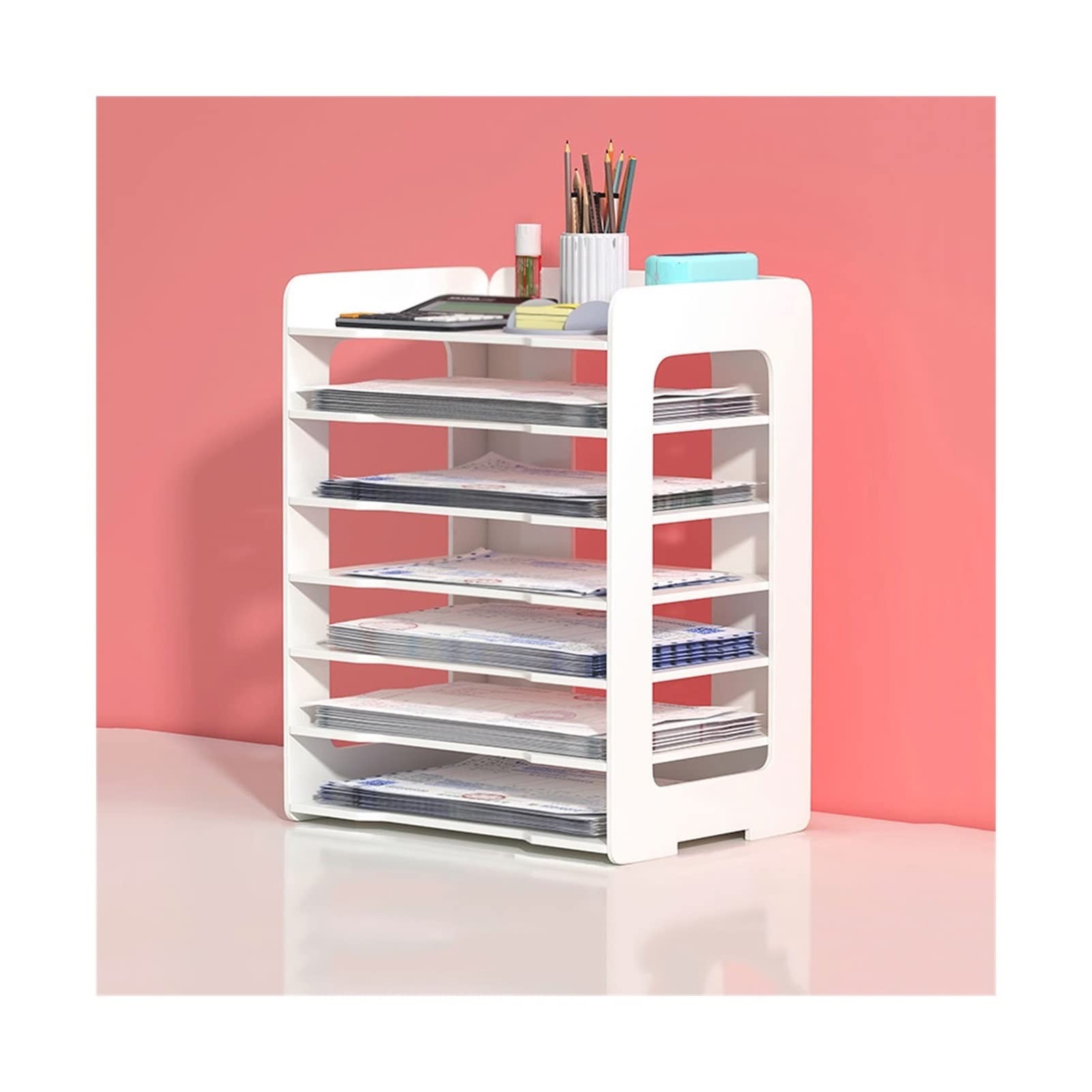 TOMYEUS Rastrelliere di File Scatola di archiviazione Documento Documento Ricevuta Classificazione Desk Rack Desktop Organizer File Rack 7 Strati Bianco Grande capacità Stoccaggio da scrivania