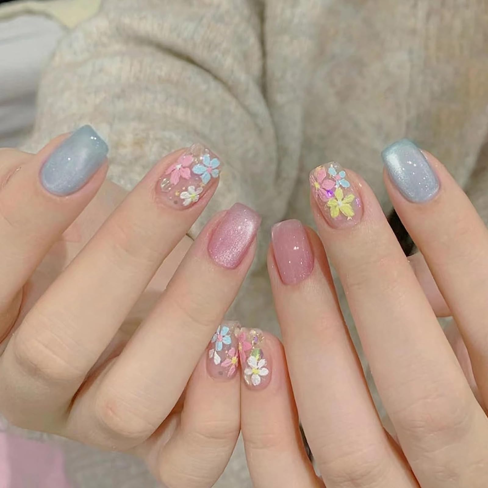 30PCS Nails for Girls, Press on Nails Kit with 5 Floral Pattern, Nails are Reusable & Unbreakable, Stick On Nails Jelly Glue on False Nails for Women, Includes Nail Tools for Easy Application