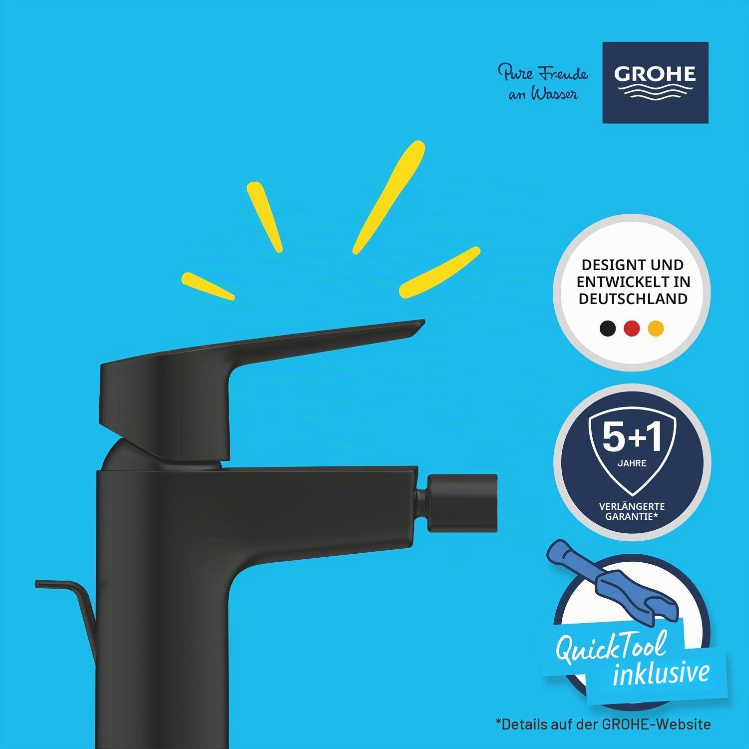 GROHE Start, Bidetarmatur, wassersparend (WC Dusche für die Toilette im Bad, Kugelgelenk-Mousseur, mit Zugstangen-Ablauf, 15cm hoch, mit 3in1 Werkzeug, einfache Installation), schwarz, 325602432