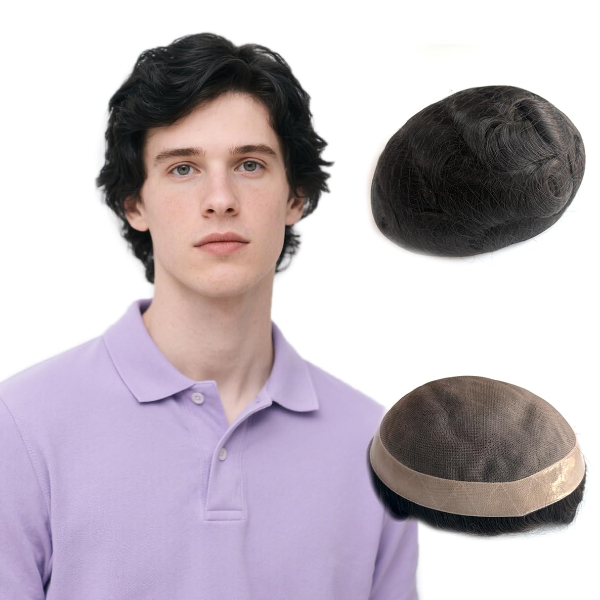 Hywel Toupee for Men with 100% Real Human Hair, Mono Top with Poly Coating Around Cap Mens Wig, Wave Hair Pieces Replacement for Men System Off Black #1B (5 * 7 Inches)
