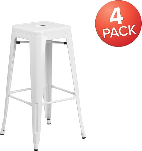 Miniatura 4 de Flash Furniture Lily - Juego de 4 taburetes de bar de metal blanco sin respaldo de 30 pulgadas de alto grado comercial para interiores y exteriores