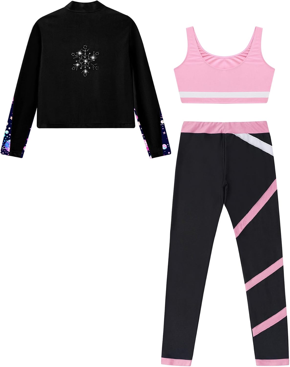 Kaerm Kids Girls Ice Skating Suit Stripe Zipper Jacket Vest with Patchwork Pants Set Yoga Workout Running Outfit