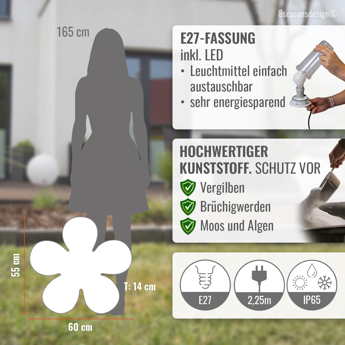8 seasons design LED Blume 60 cm Shining Flower (Weiß), E27, Leuchtmittel warmweiß – wetterfest – Dekolampe für außen (Garten, Terrasse) und innen – Osterdeko, Deko Frühling, Gartenlampe