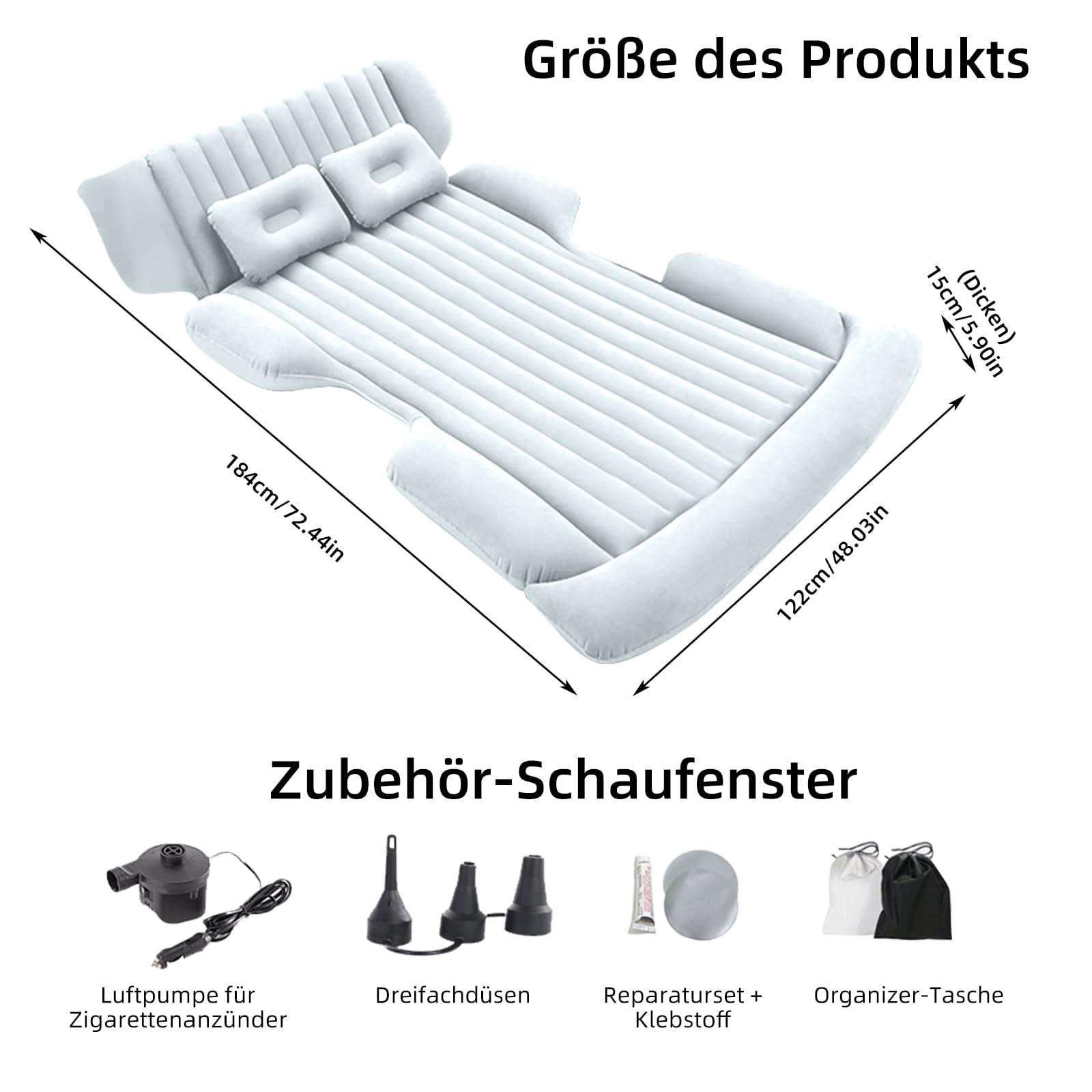 Colchón de aire para coche 184x122x15 cm con dos almohadas autoinflable 2-3 personas