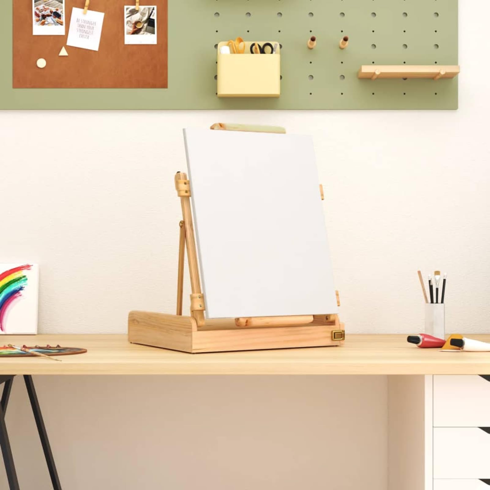 Homgoday Caballete de Pintura de Mesa de Madera Plegable con Cajón de Almacenamiento - Altura Regulable hasta 87,5 cm