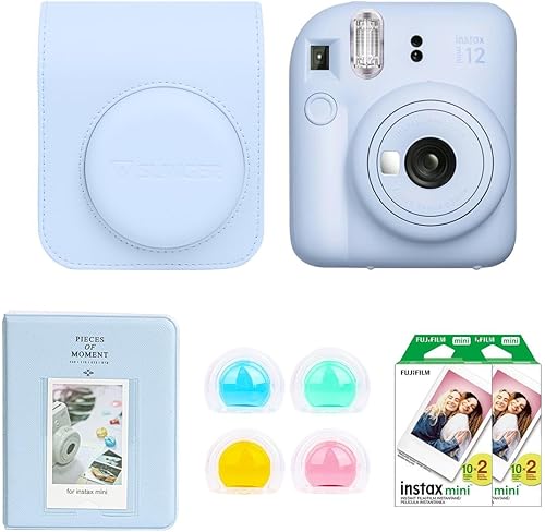 Fujifilm Instax Mini 12 - Cámara de película instantánea, paquete con funda personalizada Instax Mini, kit de accesorios y película de luz diurna,