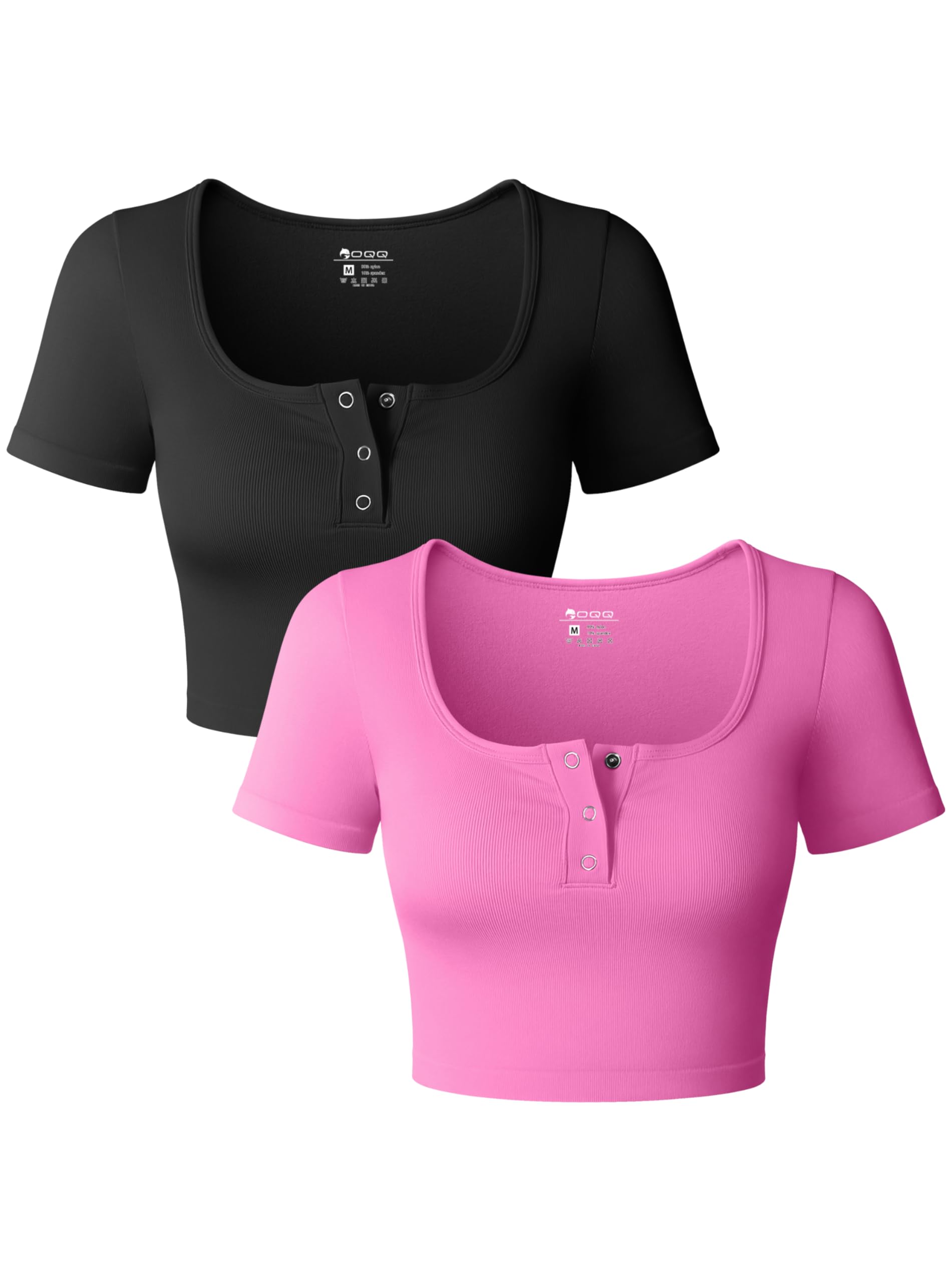 Photo 1 of OQQ Womens 2 Piece Crop Tops Short Sleeve Square Neck Seamless Stretch Fitted Tee Shirts Black Rose