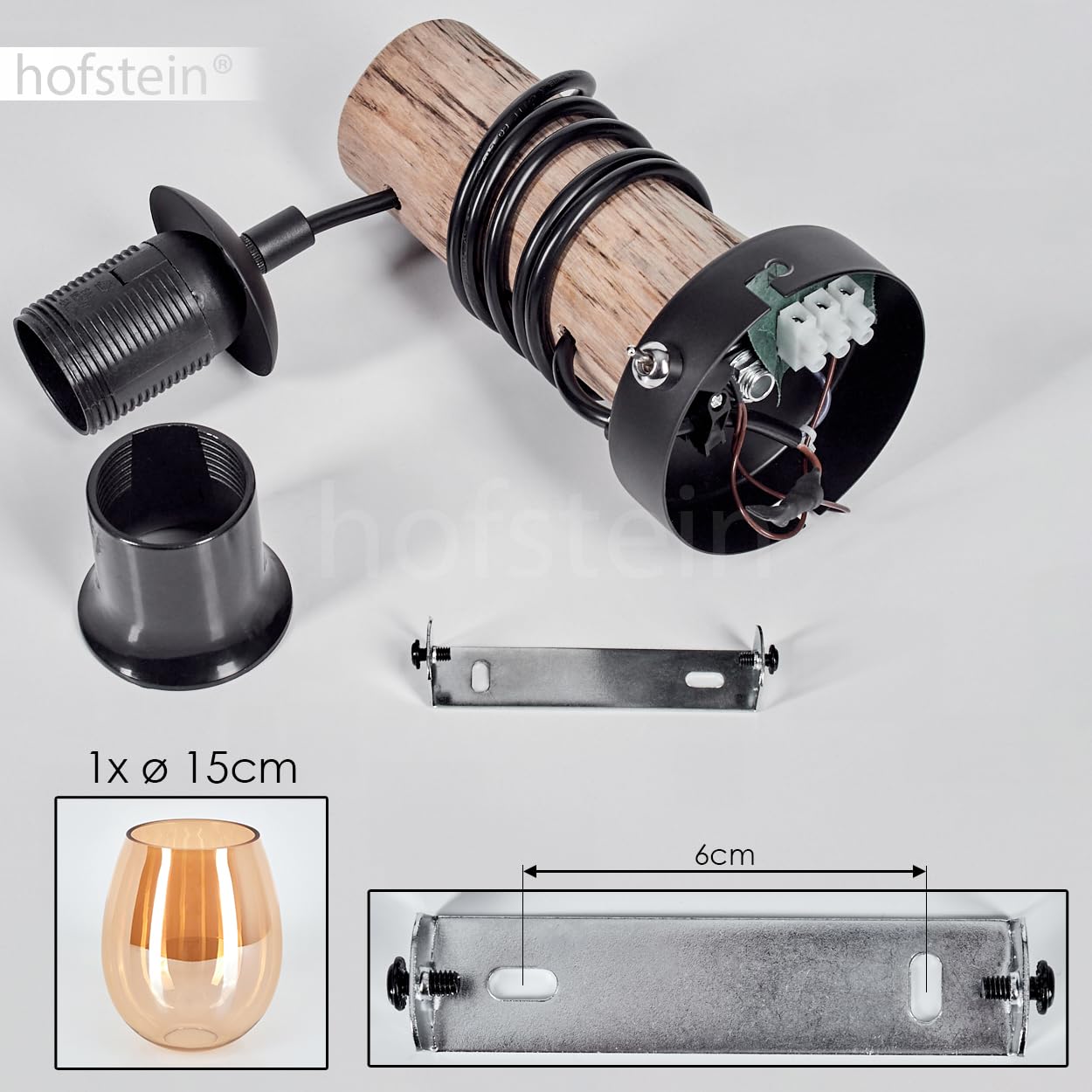 Wandleuchte Vevino, Wandlampe aus Metall/Holz/Glas in Schwarz/Natur/Bernstein, Leuchte im Retro/Vintage-Design mit Schirm aus Glas (Ø 15 cm) u. An/-Auschalter am Gehäuse, 1 x E27, ohne Leuchtmittel
